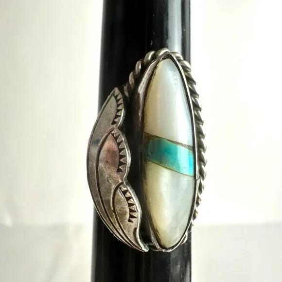 Sterling Silver Mother of Pearl Turquoise Ring Size 5.5 Signed BW - Picture 1 of 7